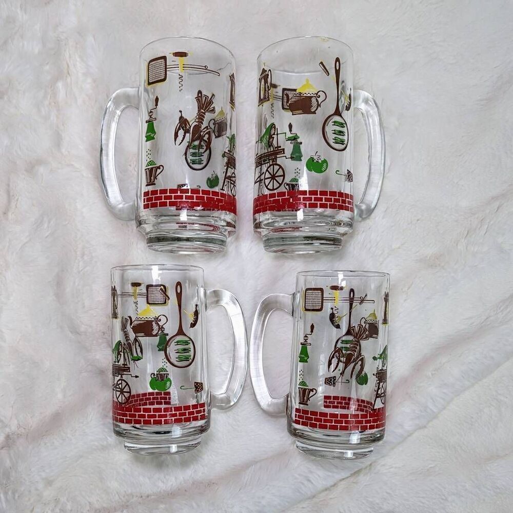 Lot of 4 BBQ Cookout Glass Mugs Beer Lobster Hot Dog Red Brick Skillet Kitchen